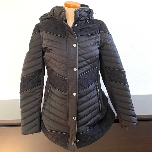 WHBM Quilted Black Insulated Winter Coat with Lace Detail, Down-Filled - Picture 1 of 12